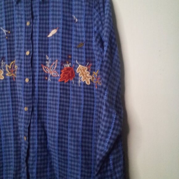 Bobbie Brooks Shirt L Women Long Sleeve Fall Leaves Button Up Plaid Blue - Picture 8 of 15